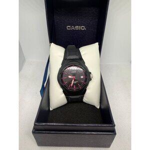 Casio Mens Black Resin Watch With Pink Accents & Date Display
